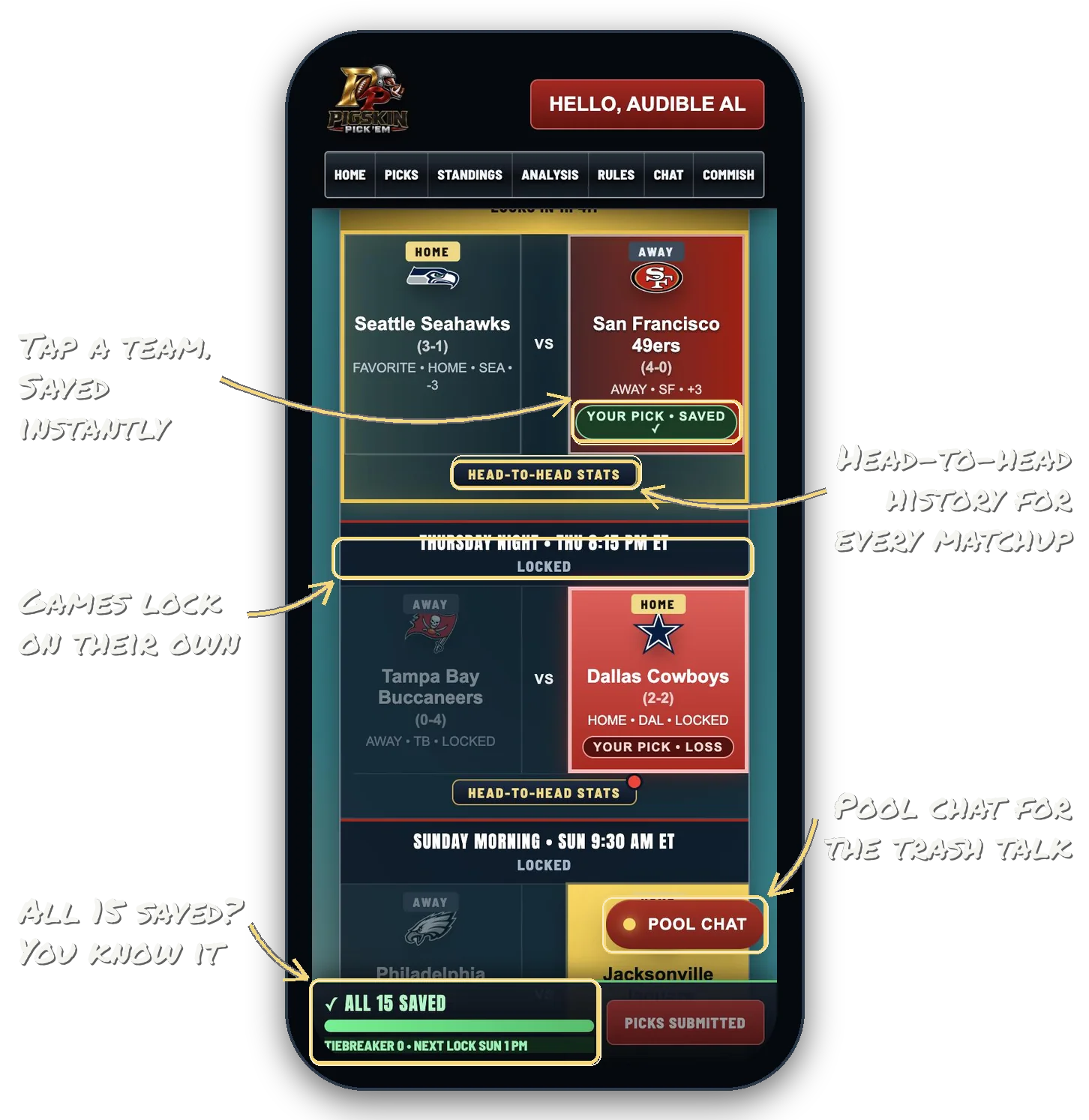 Pigskin Pick 'Em app on a phone with coach's notes: picks save instantly, games lock on their own, pool chat