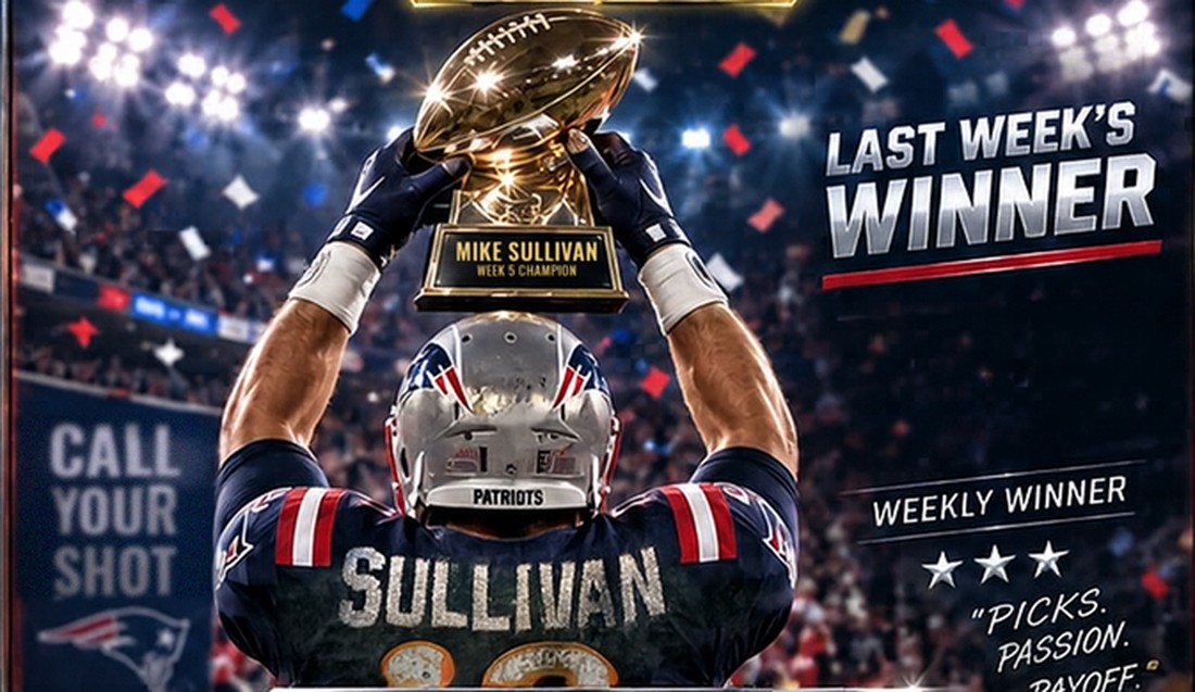 Weekly winner screen: player in Patriots uniform with the champion's name on the jersey and trophy