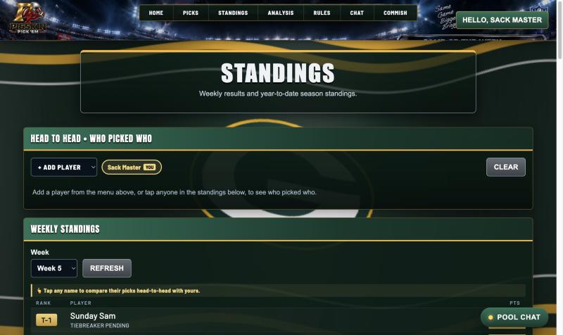 Standings page themed in green and gold for a Green Bay fan